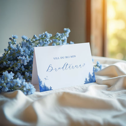 Vill du bli-kort – Vintrig Blått akvarell – A6 Tryckt fråga till brudfölje BR008