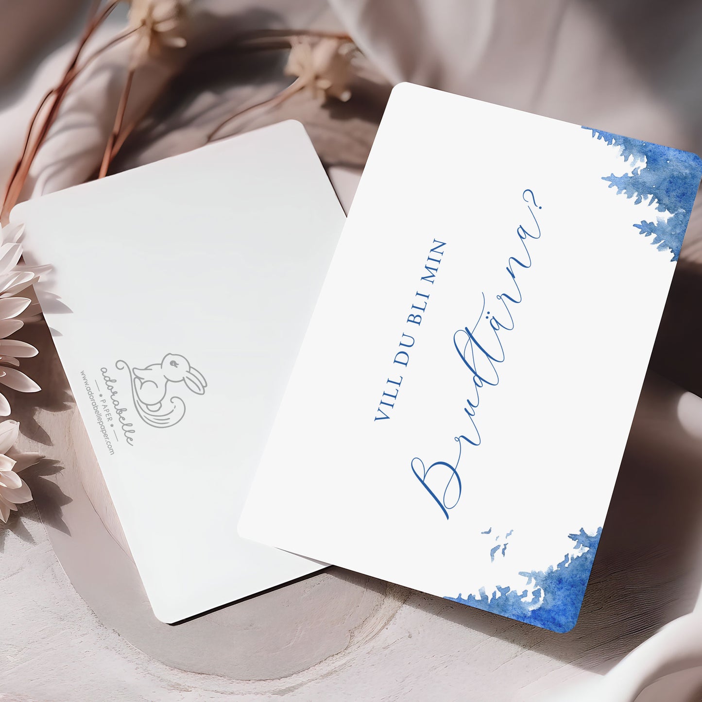 Vill du bli-kort – Vintrig Blått akvarell – A6 Tryckt fråga till brudfölje BR008