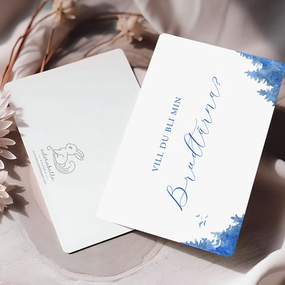 Vill du bli-kort – Vintrig Blått akvarell – A6 Tryckt fråga till brudfölje BR008