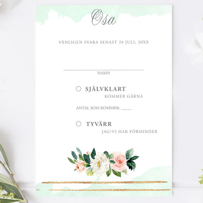 OSA-kort med kuvert (8 färger) – A6 Mint & Guld Somrigt – Bröllopskort BR009