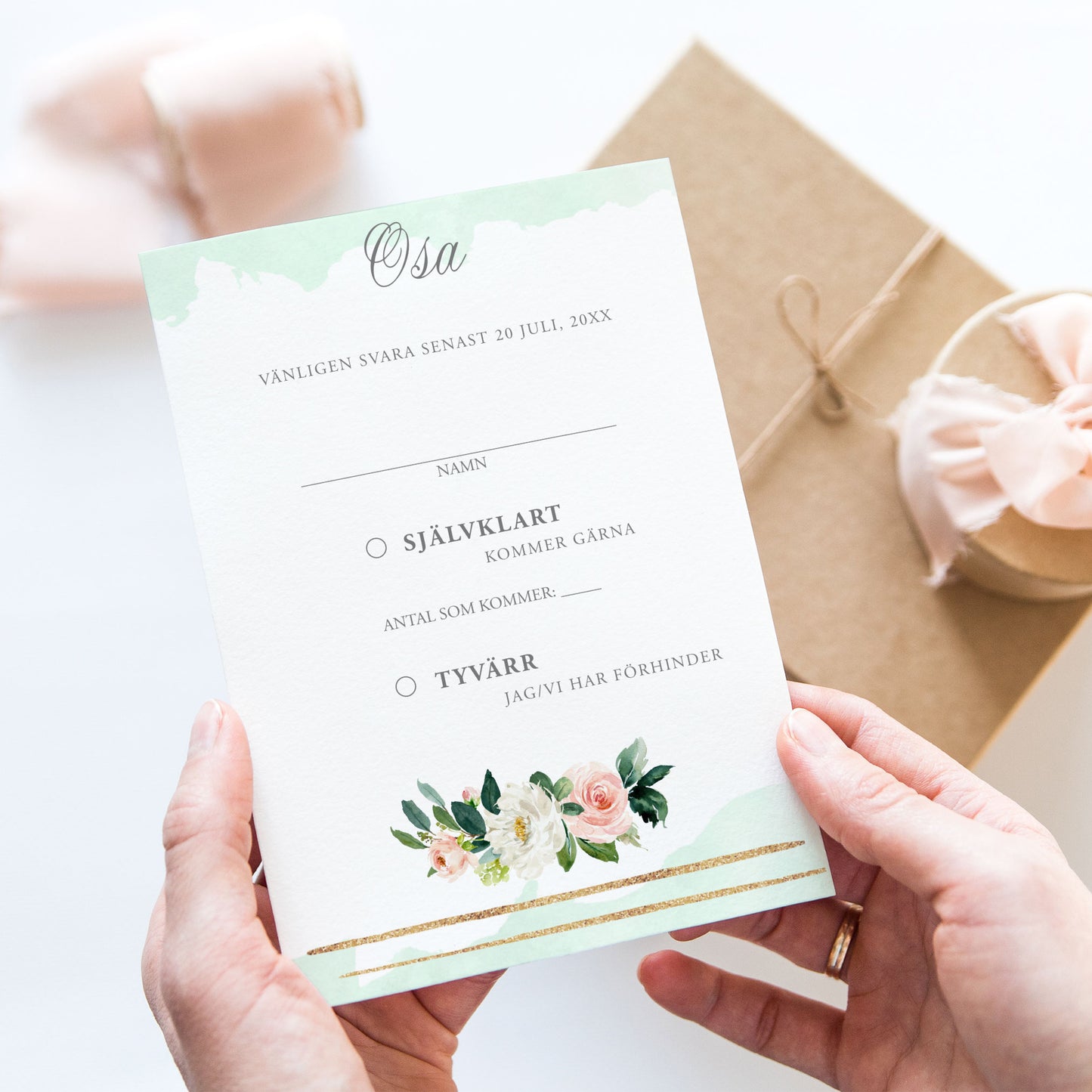 OSA-kort med kuvert (8 färger) – A6 Mint & Guld Somrigt – Bröllopskort BR009