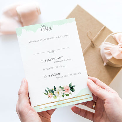 OSA-kort med kuvert (8 färger) – A6 Mint & Guld Somrigt – Bröllopskort BR009