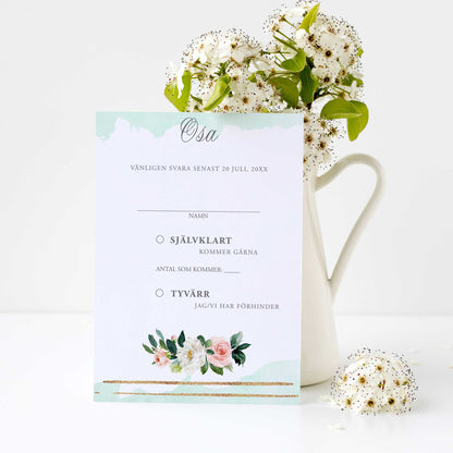 OSA-kort med kuvert (8 färger) – A6 Mint & Guld Somrigt – Bröllopskort BR009
