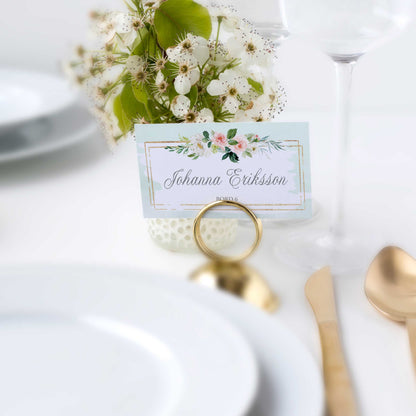 Enkla placeringskort till bröllop – Mint & Guld Rosa, blommig, somrig design – Tryckt kort med namn för dukning BR009