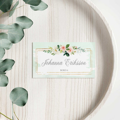 Enkla placeringskort till bröllop – Mint & Guld Rosa, blommig, somrig design – Tryckt kort med namn för dukning BR009