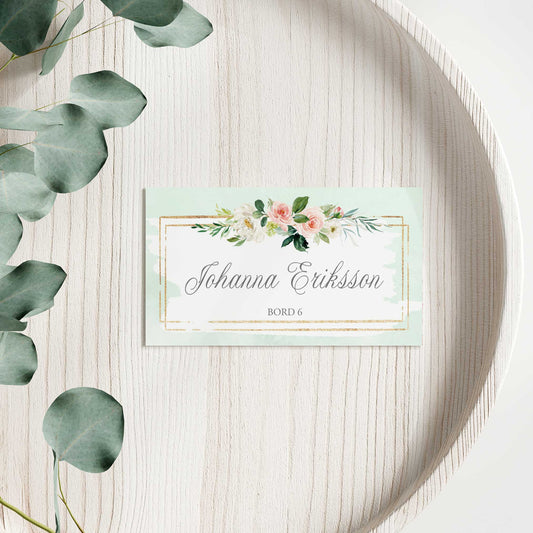 Enkla placeringskort till bröllop – Mint & Guld Rosa, blommig, somrig design – Tryckt kort med namn för dukning BR009