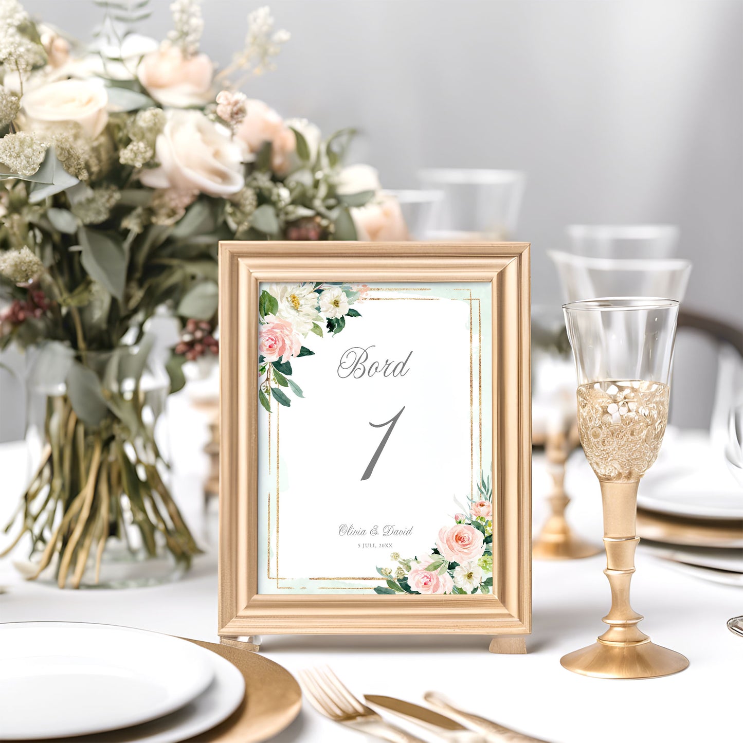 Bordsnummerkort till bröllop – Mint & Guld Somrigt – Tryckt kort för dukning och bordsplacering BR009