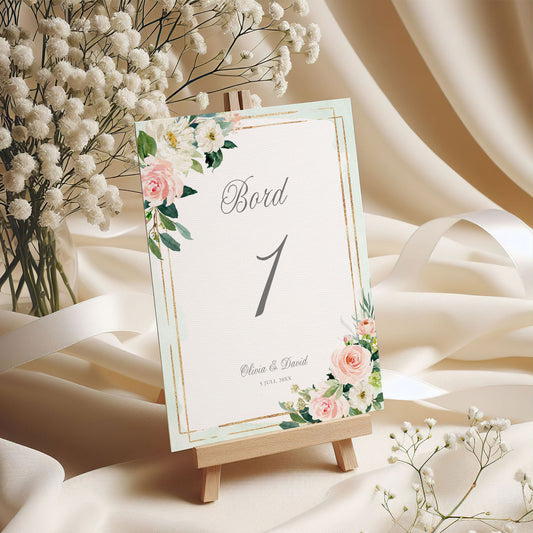 Bordsnummerkort till bröllop – Mint & Guld Somrigt – Tryckt kort för dukning och bordsplacering BR009