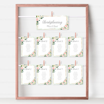 Bordsplaceringskort till bröllop – Mint & Guld Rosa, blommig, somrig design – Titelskylt & bordskort för gäster BR009