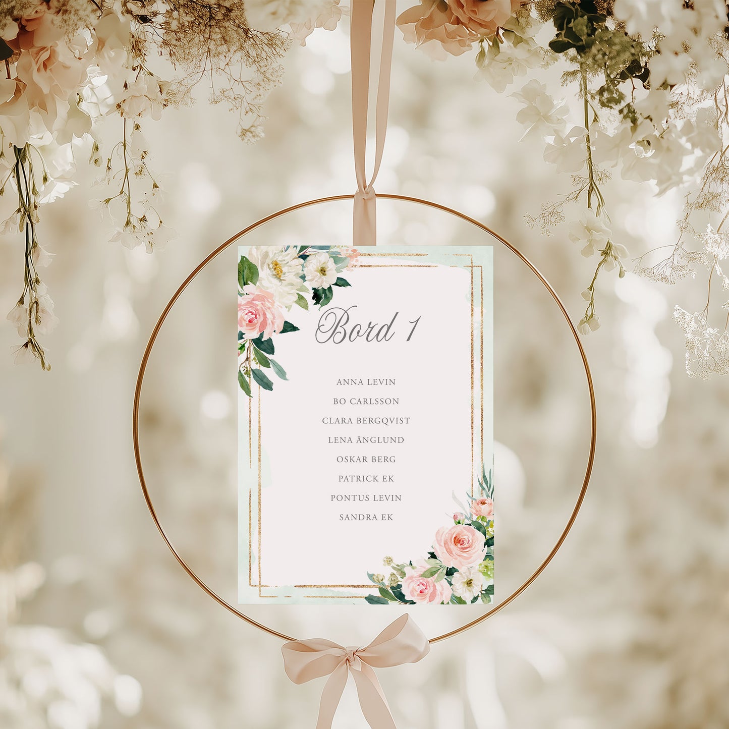 Bordsplaceringskort till bröllop – Mint & Guld Rosa, blommig, somrig design – Titelskylt & bordskort för gäster BR009