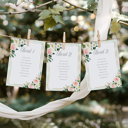 Bordsplaceringskort till bröllop – Mint & Guld Rosa, blommig, somrig design – Titelskylt & bordskort för gäster BR009