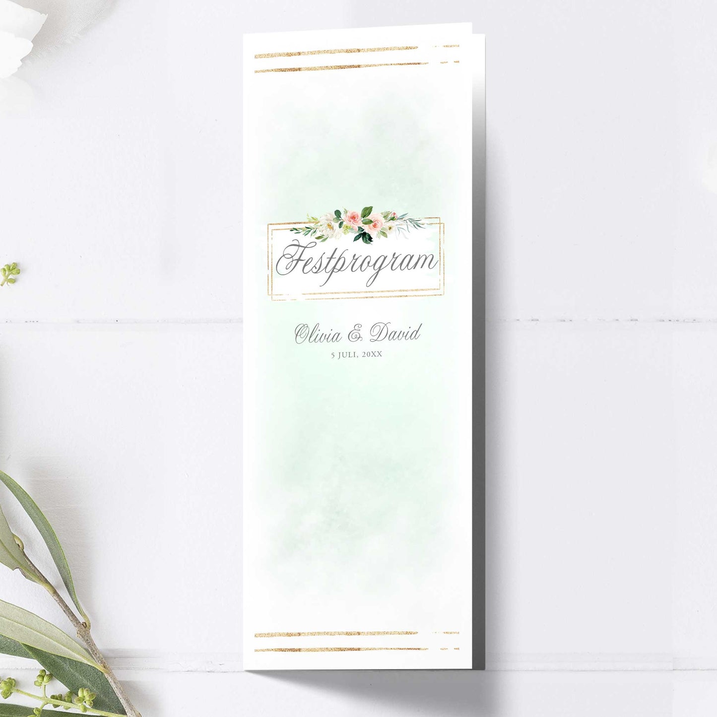 Festprogram till bröllop – Mint & Guld Somrigt – Avlångt tryckt programkort 10,5×29,7 cm BR009