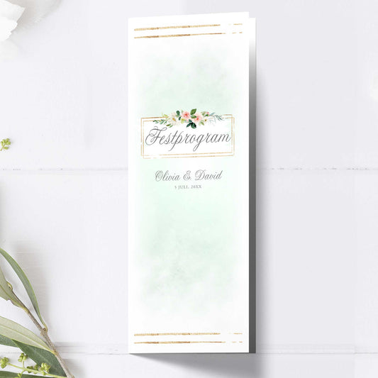 Festprogram till bröllop – Mint & Guld Somrigt – Avlångt tryckt programkort 10,5×29,7 cm BR009