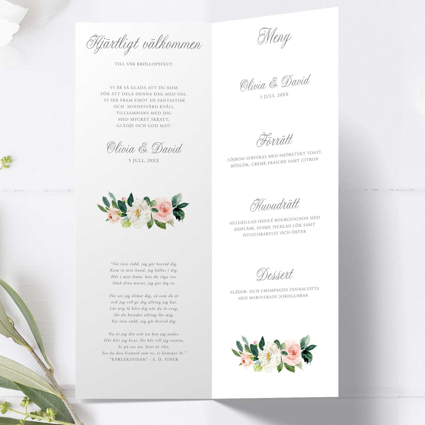 Festprogram till bröllop – Mint & Guld Somrigt – Avlångt tryckt programkort 10,5×29,7 cm BR009