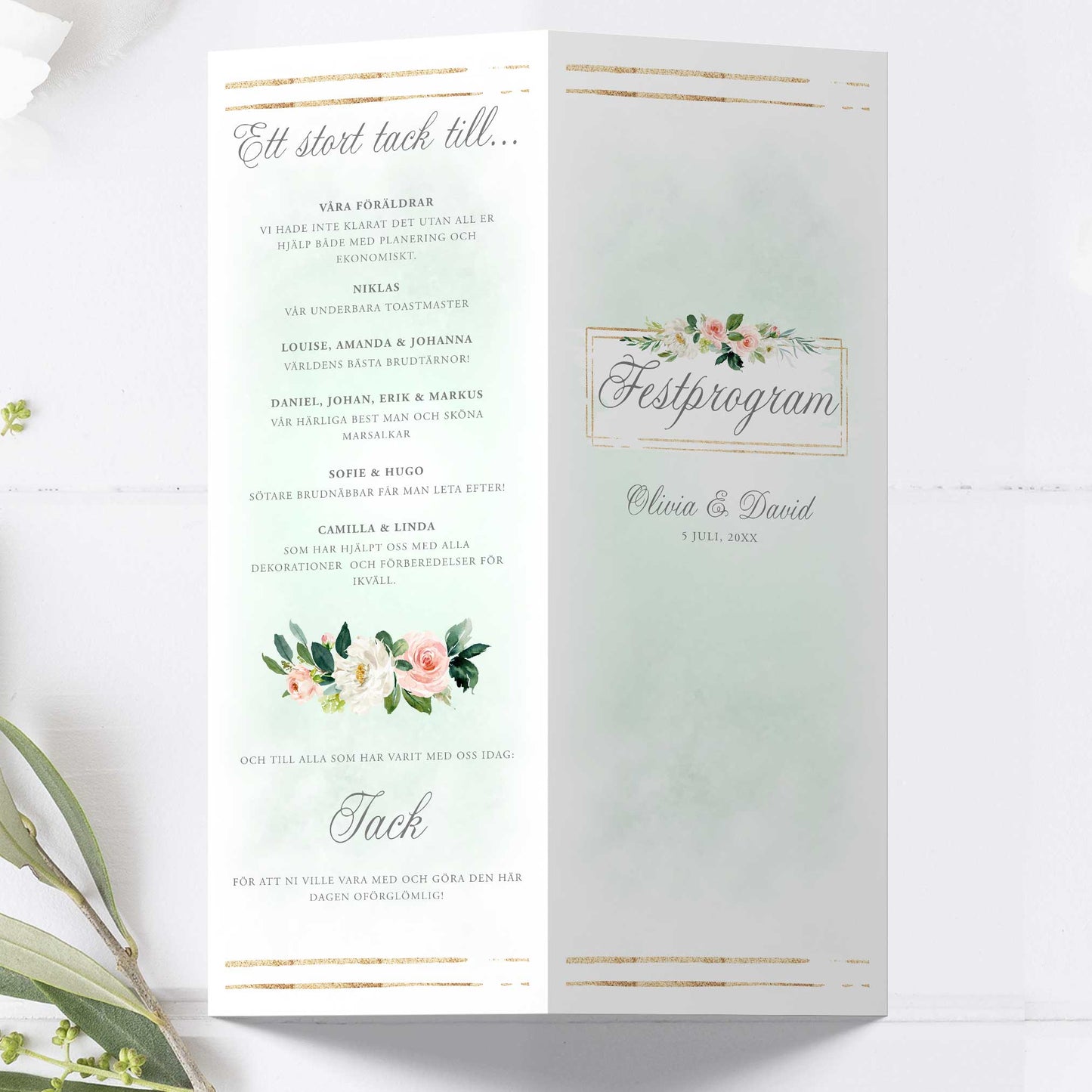 Festprogram till bröllop – Mint & Guld Somrigt – Avlångt tryckt programkort 10,5×29,7 cm BR009