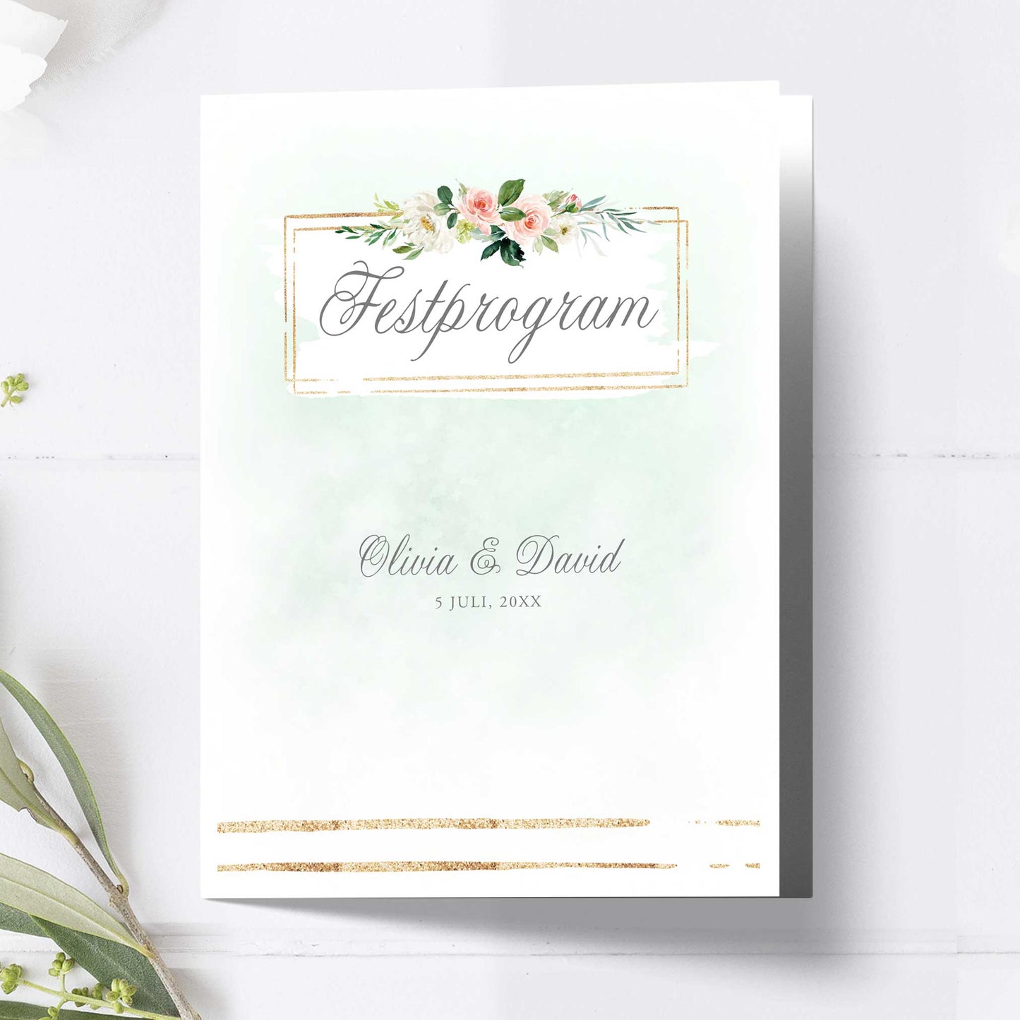 Festprogram litet, till bröllop – Mint & Guld Somrigt – Tryckt programkort 12,7x17,7 cm BR009