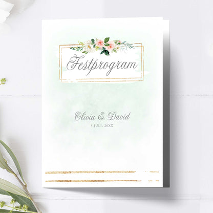 Festprogram litet, till bröllop – Mint & Guld Somrigt – Tryckt programkort 12,7x17,7 cm BR009