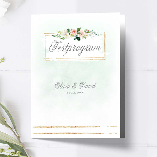 Festprogram litet, till bröllop – Mint & Guld Somrigt – Tryckt programkort 12,7x17,7 cm BR009