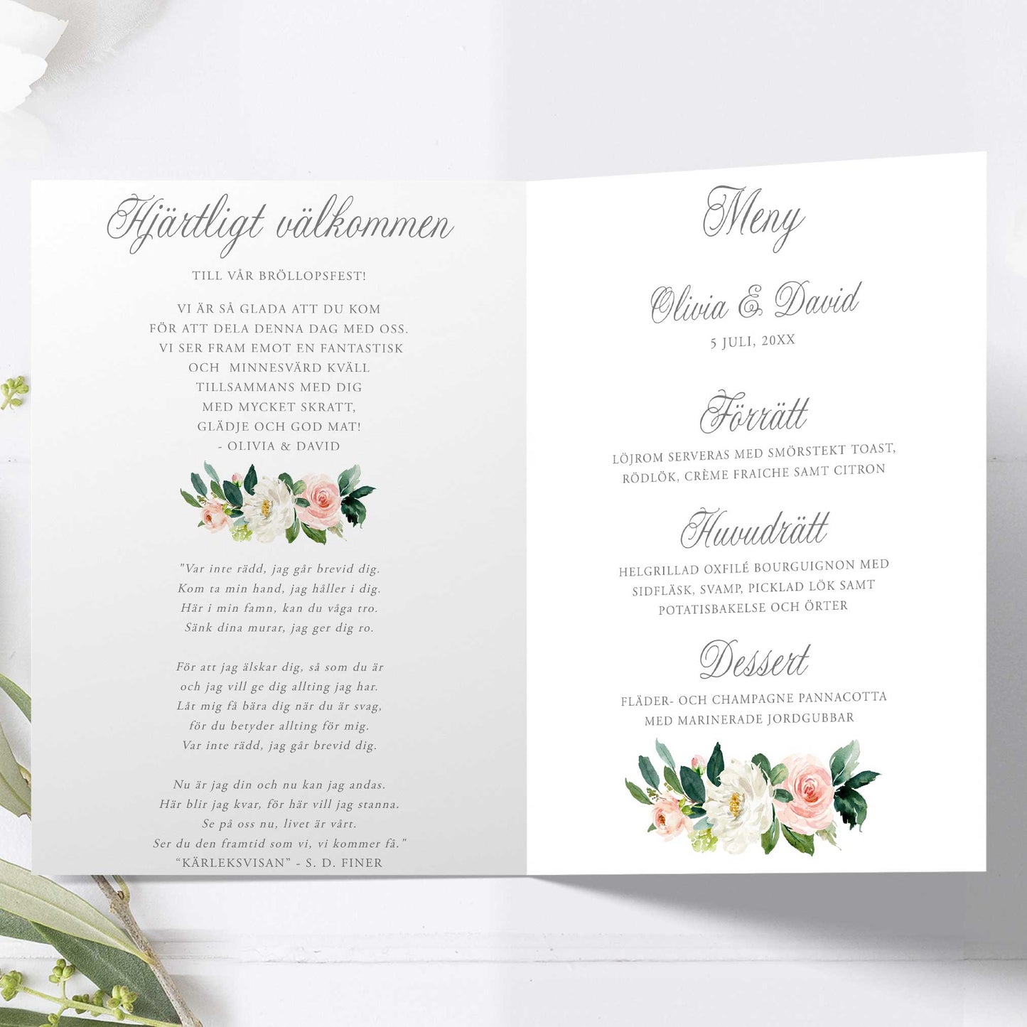 Festprogram litet, till bröllop – Mint & Guld Somrigt – Tryckt programkort 12,7x17,7 cm BR009