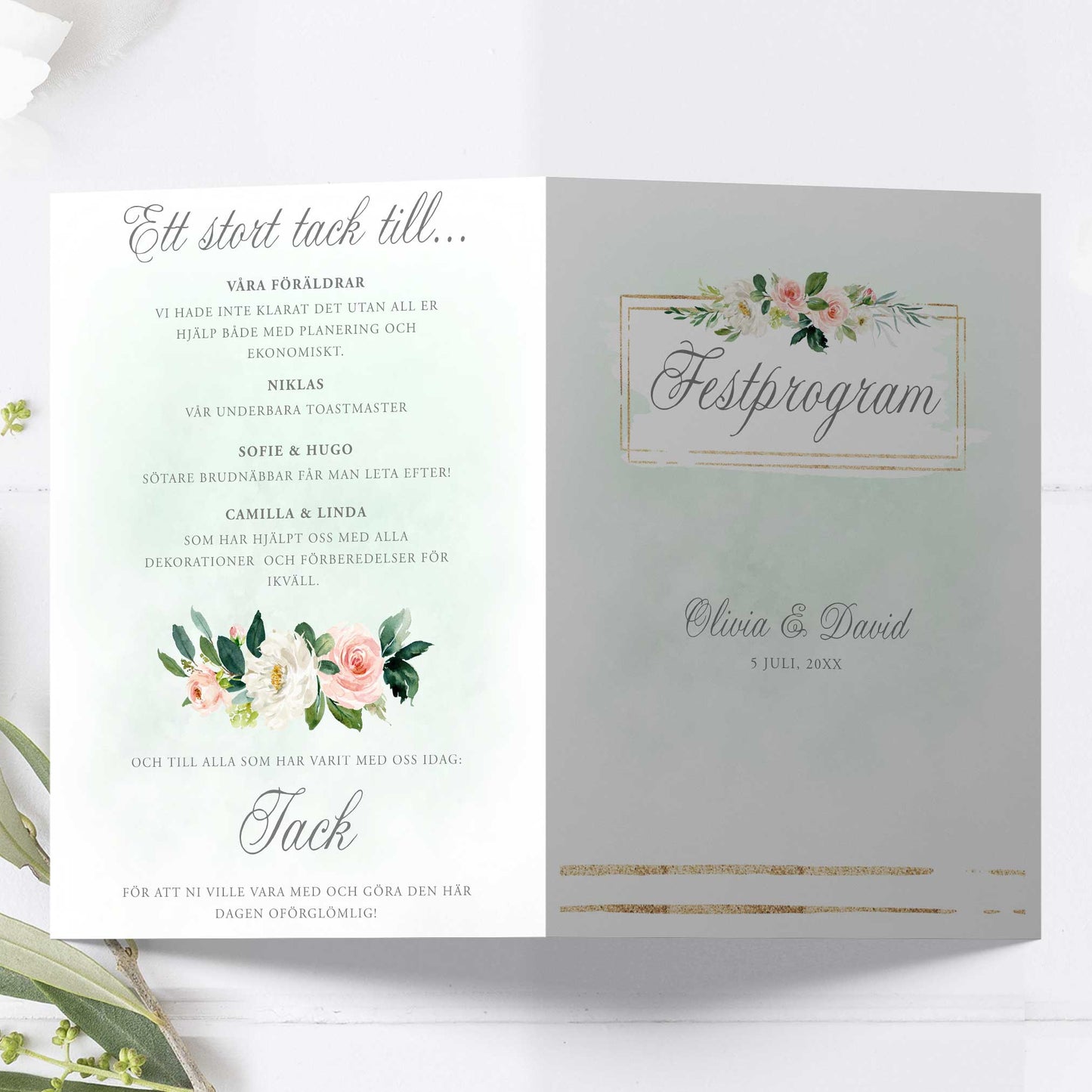 Festprogram litet, till bröllop – Mint & Guld Somrigt – Tryckt programkort 12,7x17,7 cm BR009