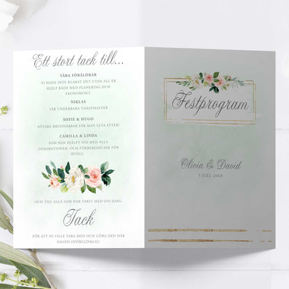 Festprogram litet, till bröllop – Mint & Guld Somrigt – Tryckt programkort 12,7x17,7 cm BR009