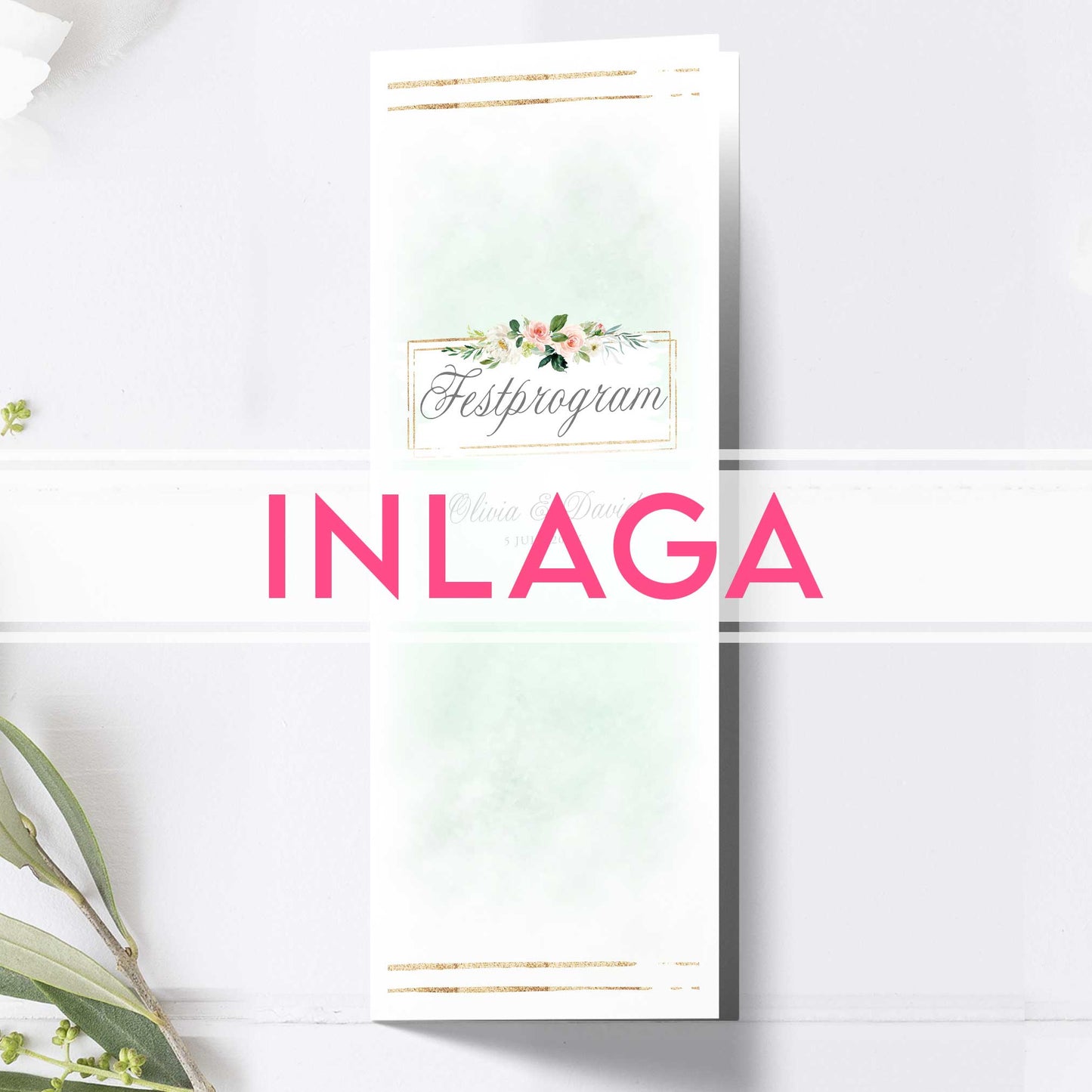 Lång Inlaga till festprogram – Mint & Guld Somrigt – Extra sidor till avlångt bröllopsprogram 10,5×29,7 cm BR009