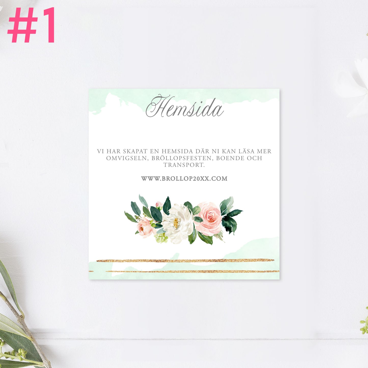 BR009-1 - Bröllopshemsida - Mint & Guld Somrigt  - Tryckt bröllopskort