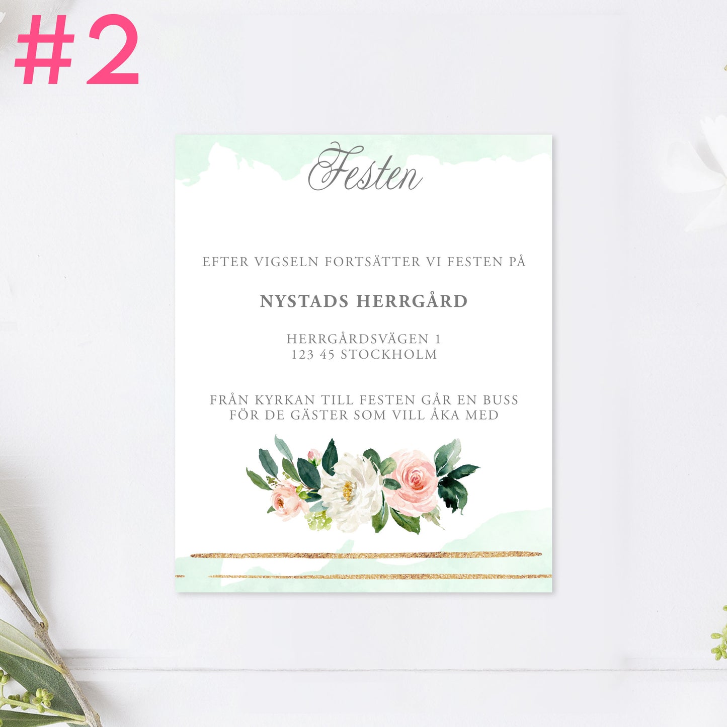 BR009-2 - Festinformation - Mint & Guld Somrigt  - Tryckt bröllopskort