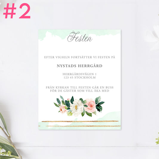 BR009-2 - Festinformation - Mint & Guld Somrigt  - Tryckt bröllopskort