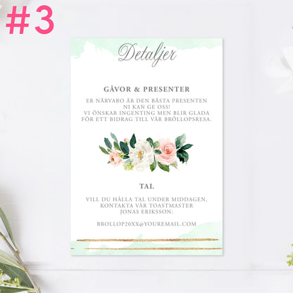 BR009-3 - Informationskort - Mint & Guld Somrigt  - Tryckt bröllopskort