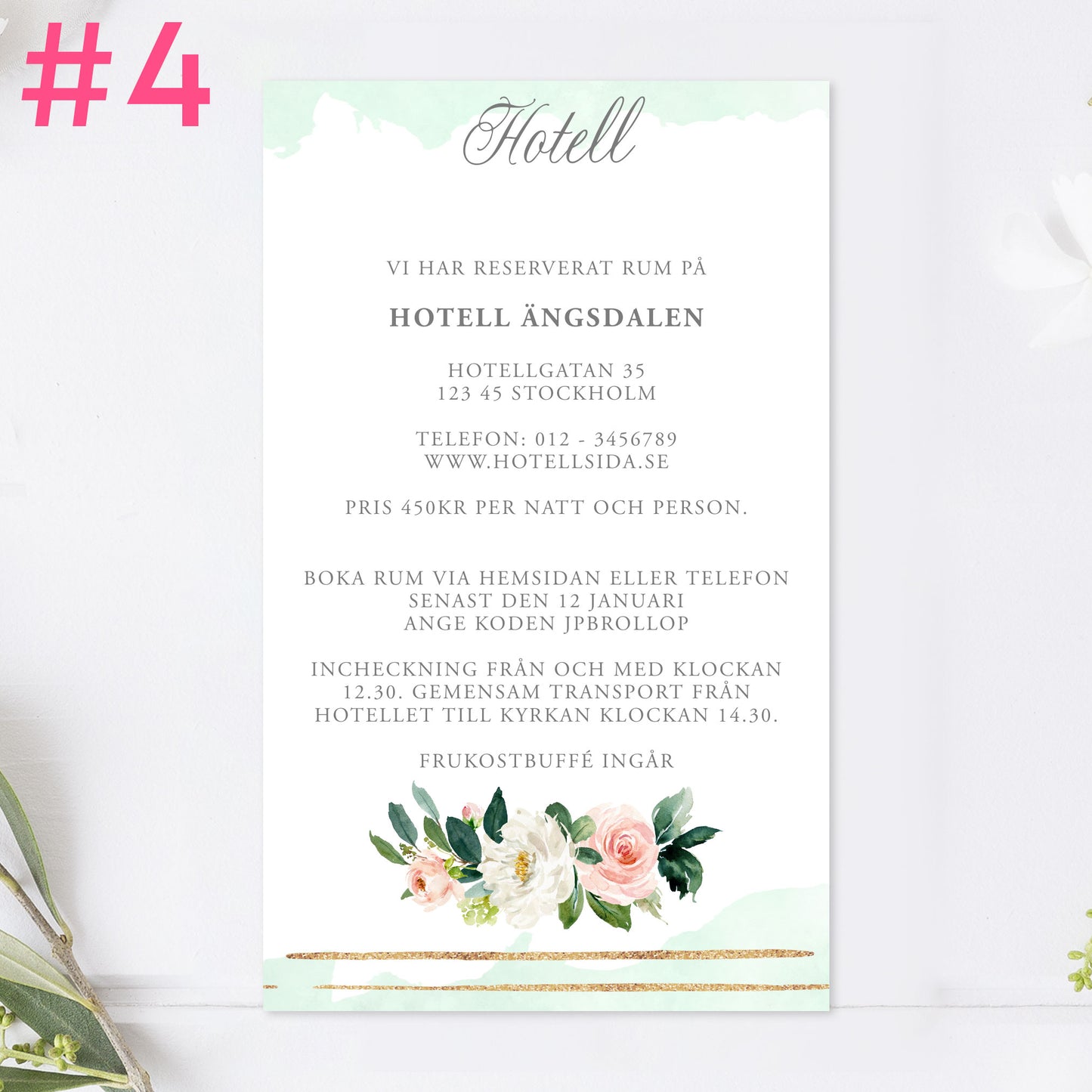 BR009-4 - Boendeinformation - Mint & Guld Somrigt  - Tryckt bröllopskort