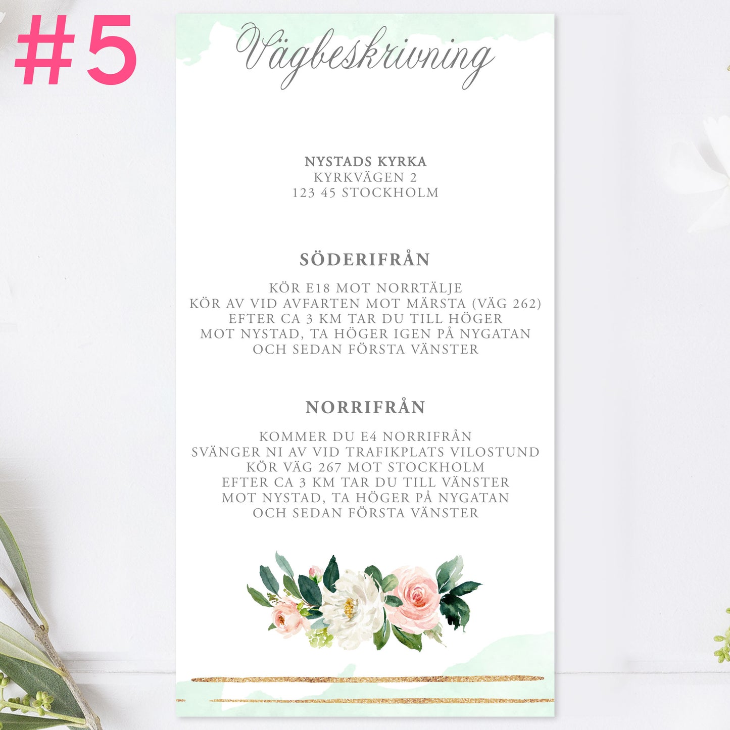 BR009-5 - Vägbeskrivning - Mint & Guld Somrigt  - Tryckt bröllopskort