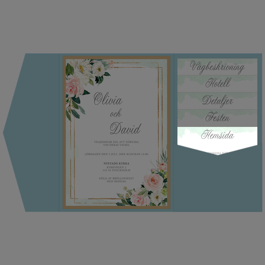 BR009-1 - Bröllopshemsida - Mint & Guld Somrigt  - Tryckt bröllopskort