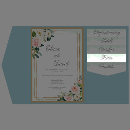 BR009-2 - Festinformation - Mint & Guld Somrigt  - Tryckt bröllopskort