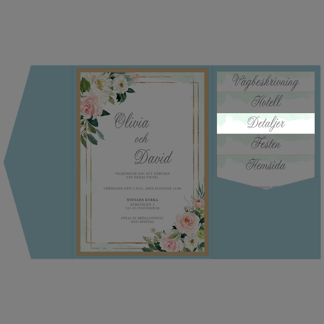 BR009-3 - Informationskort - Mint & Guld Somrigt  - Tryckt bröllopskort