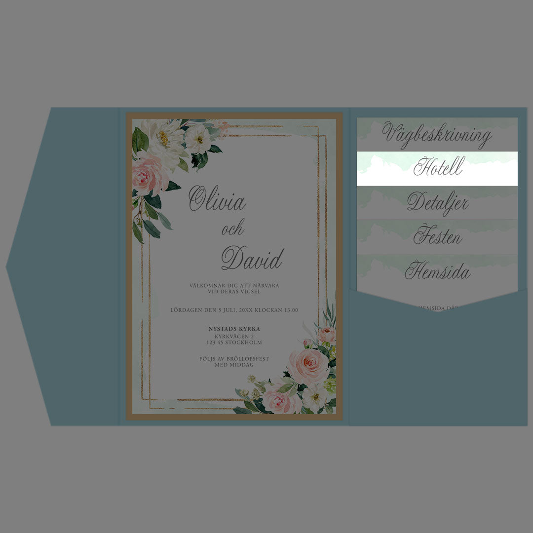 BR009-4 - Boendeinformation - Mint & Guld Somrigt  - Tryckt bröllopskort