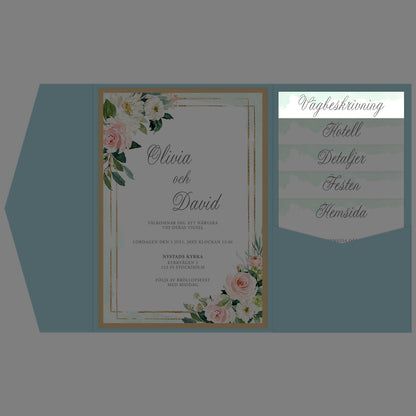 BR009-5 - Vägbeskrivning - Mint & Guld Somrigt  - Tryckt bröllopskort