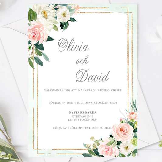 Mint & Guld Bröllopsinbjudan – Rosa, blommig, somrig design – BR009
