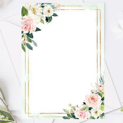 Mint & Guld Bröllopsinbjudan – Rosa, blommig, somrig design – BR009