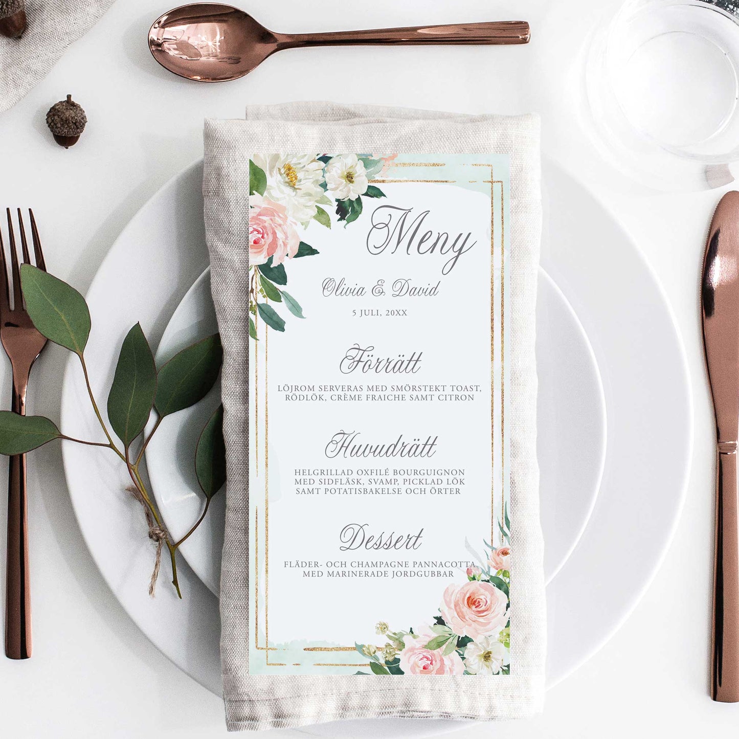 Menykort till bröllop – Mint & Guld Rosa, blommig, somrig – Tryckt kort för bröllopsmeny BR009