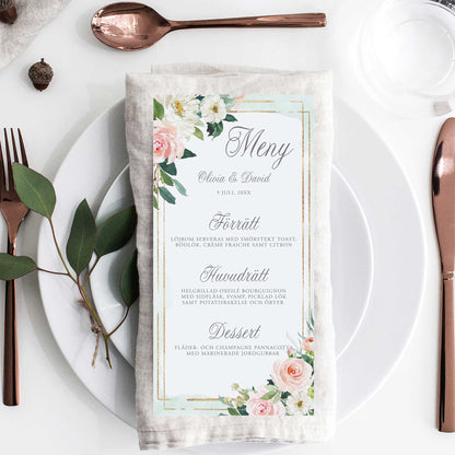 Menykort till bröllop – Mint & Guld Rosa, blommig, somrig – Tryckt kort för bröllopsmeny BR009
