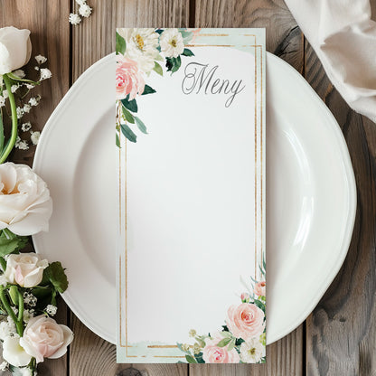 Menykort till bröllop – Mint & Guld Rosa, blommig, somrig – Tryckt kort för bröllopsmeny BR009