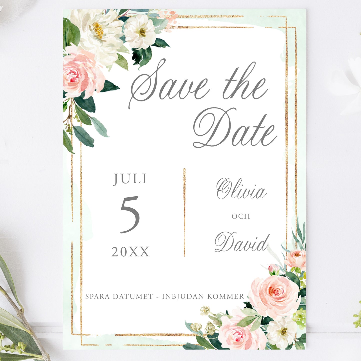 Save the Date-kort – Mint & Guld Rosa, blommig, somrig design - A6 Tryckt kort för bröllopsdatum BR009