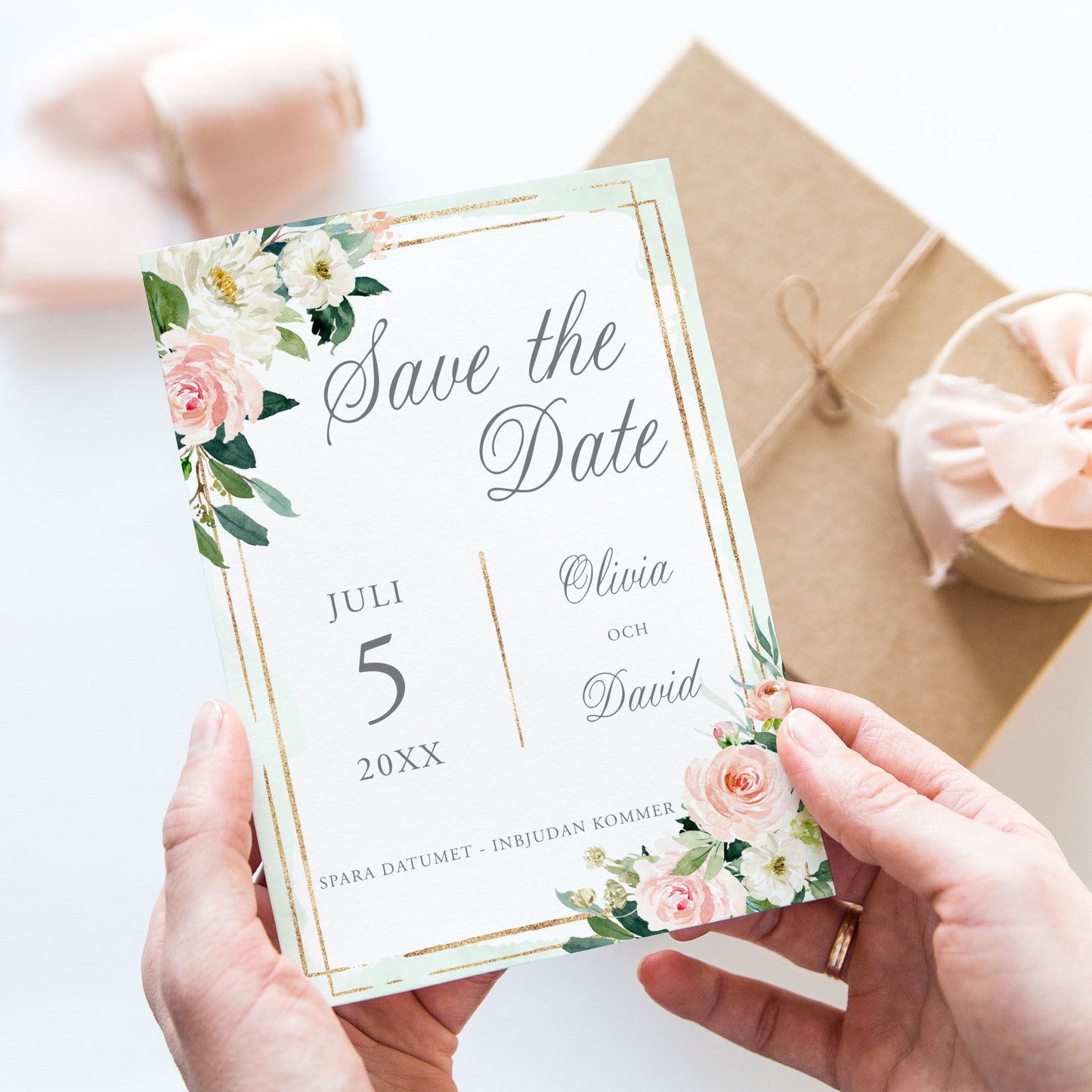 Save the Date-kort – Mint & Guld Rosa, blommig, somrig design - A6 Tryckt kort för bröllopsdatum BR009