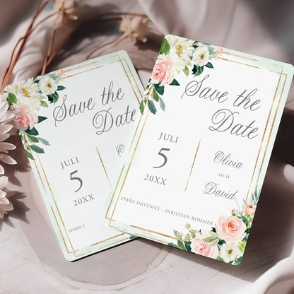 Save the Date-kort – Mint & Guld Rosa, blommig, somrig design - A6 Tryckt kort för bröllopsdatum BR009
