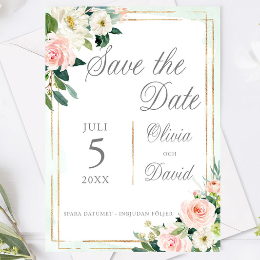 Save the Date kort – Mint & Guld Rosa, blommig, somrig design - A6 Tryckt kort för bröllopsdatum BR009