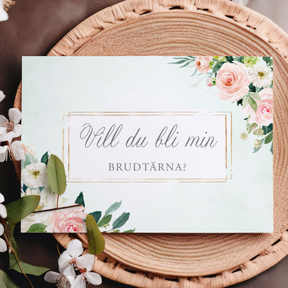 Vill du bli-kort – Mint & Guld Rosa, blommig, somrig design – A6 Tryckt fråga till brudfölje BR009
