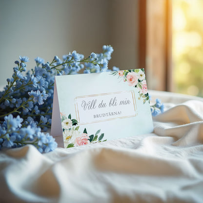 Vill du bli-kort – Mint & Guld Rosa, blommig, somrig design – A6 Tryckt fråga till brudfölje BR009