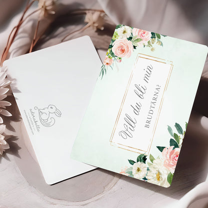 Vill du bli-kort – Mint & Guld Rosa, blommig, somrig design – A6 Tryckt fråga till brudfölje BR009