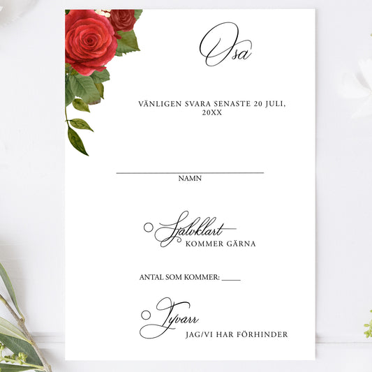 OSA-kort med kuvert (8 färger) – A6 Romantiskt Röda Rosor – Bröllopskort BR010
